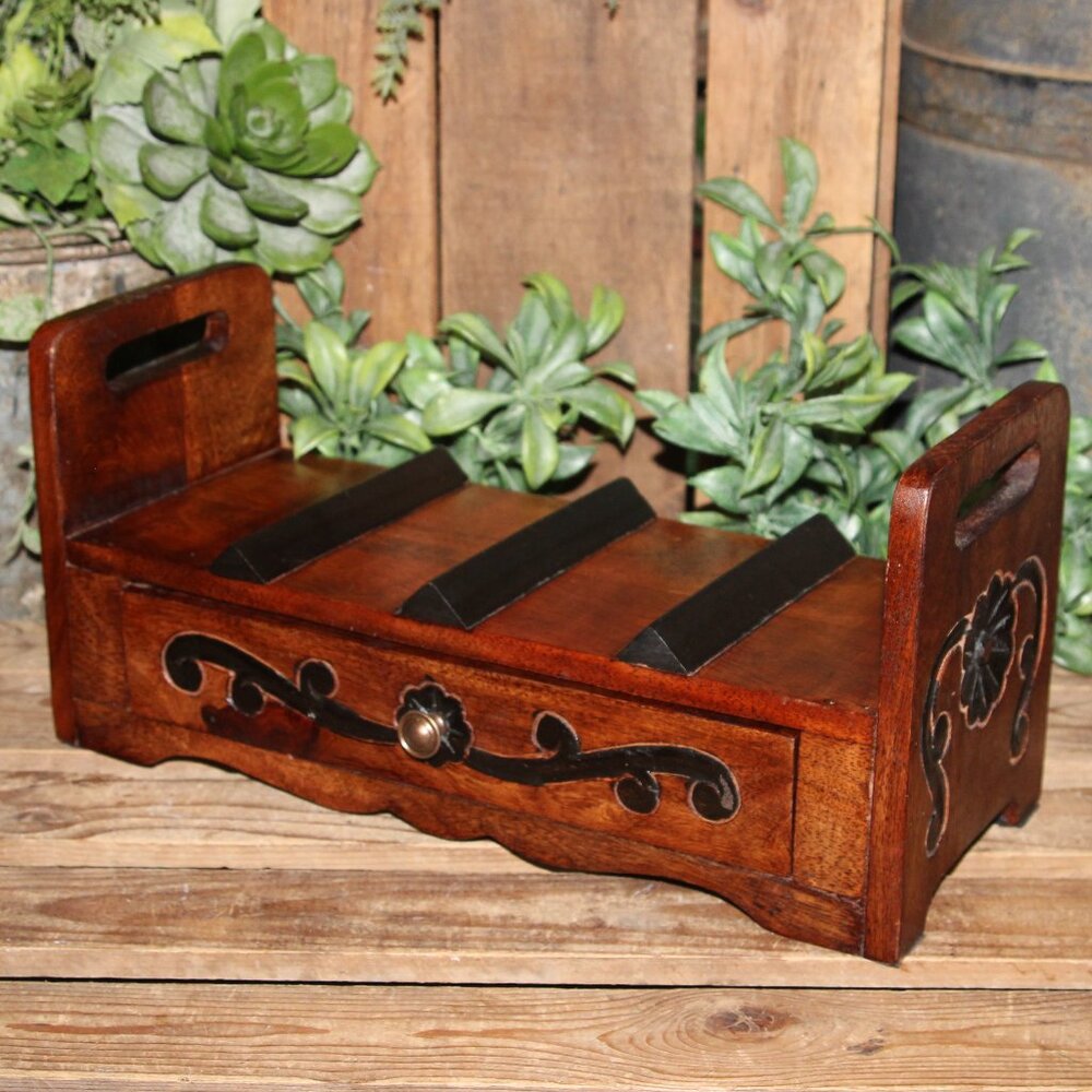 Pier One Imports Wooden Carved Counter Top Wine Rack with Drawer Storage